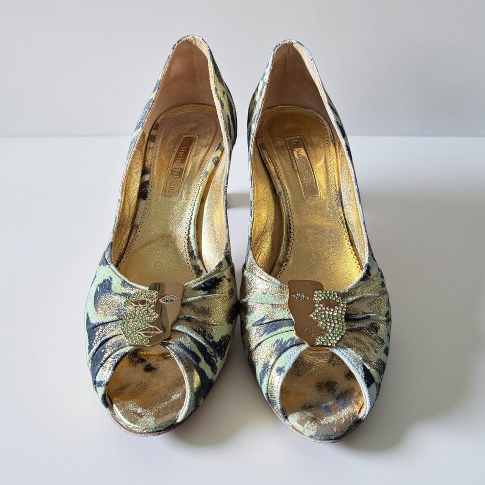 [38] MARINO FABRIANI Heels vintage Metallic Animal Print Peep Toe Designer Italy